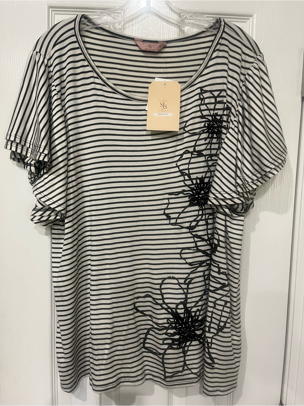 SJS Black and White Striped Scoop Neck Tee with Floral Accent